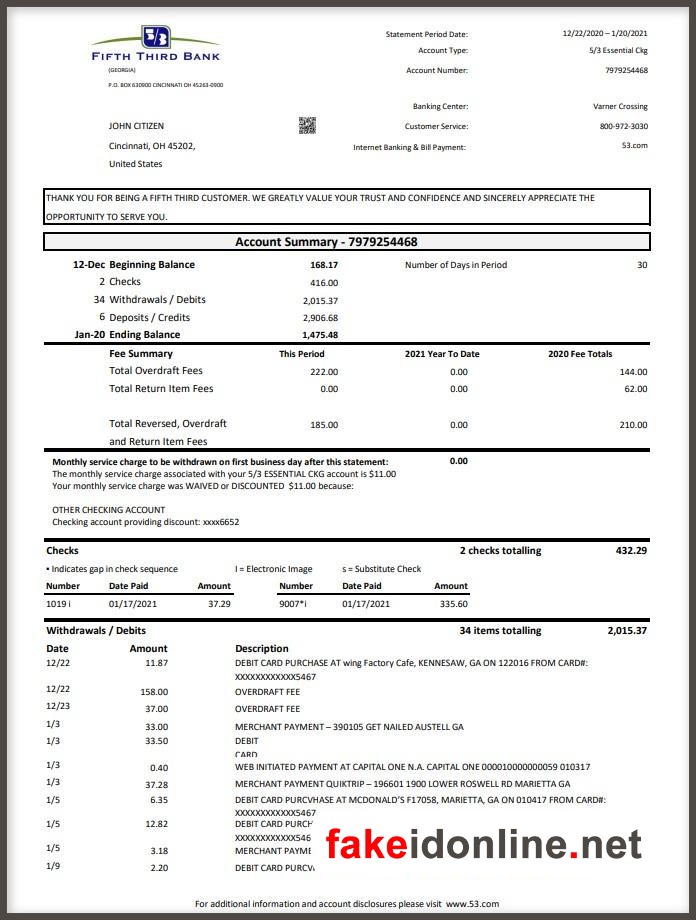 Fifth Third Editable Word Bank Statement